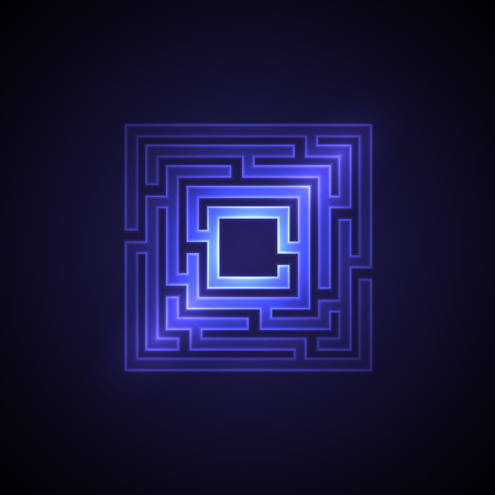 Abstract maze background with glowing light. Labyrinths in shape of square. Modern design of mystery pattern for business, decoration. Vector illustration on gradient background.のイラスト素材