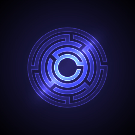Abstract maze background with glowing light. Labyrinths in shape of circle. Modern design of mystery pattern for business, decoration. Vector illustration on gradient background.のイラスト素材