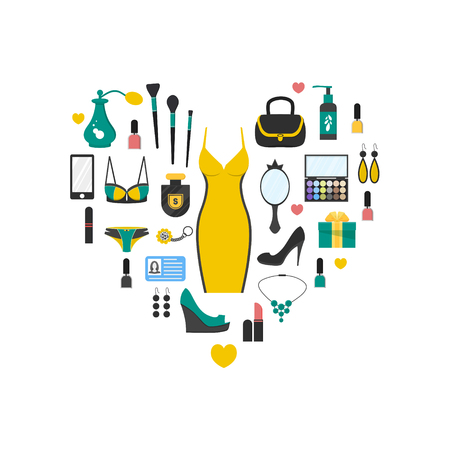 Woman's things set in heart shape. Girl accessories icons collection of shoes, jewelry, perfume, cosmetics, mirror, dress, underwear. Make-up things. Modern flat design. Vector illustration on white.のイラスト素材