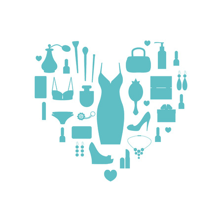 Woman's things set in heart shape. Girl accessories icons collection of shoes, jewelry, perfume, cosmetics, mirror, dress, underwear. Make-up things. Modern flat design. Vector illustration on white.のイラスト素材