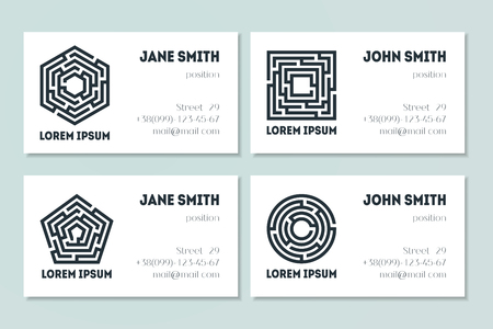 Set of business cards with maze. Collection of labyrinths in shapes of circle, square, pentahedron and hexahedron. Modern design of mystery patterns. Vector illustration on white backgroundのイラスト素材