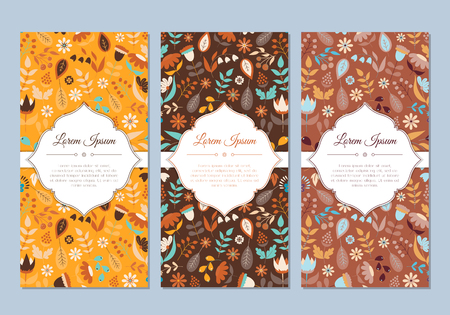 Cute vintage doodle floral cards set for invitation, label, banner, wedding, party, baby shower, hen-party, mother's day, valentine. Beautiful background with gentle flowers and leaves. Vectorのイラスト素材