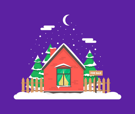 Winter night scene with house, Christmas trees and snowfall. Holiday frozen background for decoration card, invitation, greeting, poster, postcard. Real estate snowy concept. Village in December time.のイラスト素材