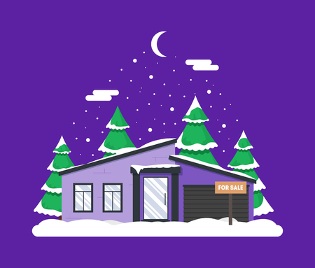 Winter night scene with house, Christmas trees and snowfall. Holiday frozen background for decoration card, invitation, greeting, poster, postcard. Real estate snowy concept. Village in December time.のイラスト素材
