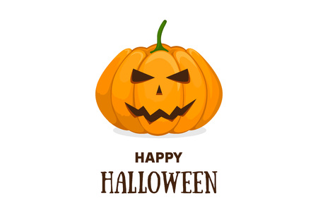 Cute halloween invitation or greeting card template with cute smiling orange pumpkin and text Happy Halloween. Can be used for banner, poster and web design. Vector flat cartoon illustration.のイラスト素材