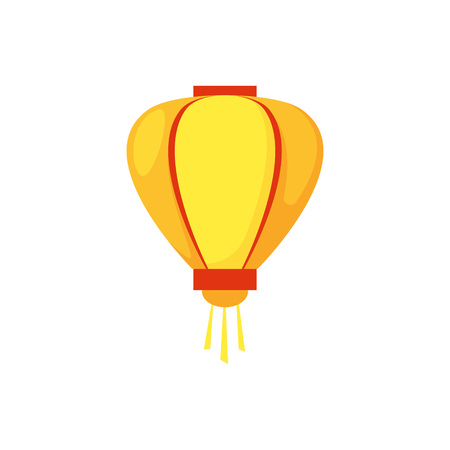 Colorful flat paper street Chinese lantern. Holiday decorative graphic design element. Hanging light with fringe. China festive decor object isolated on white background. Vector illustration.のイラスト素材