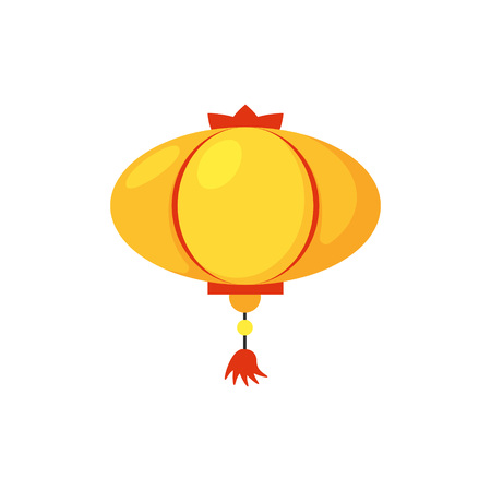 Colorful flat paper street Chinese lantern. Holiday decorative graphic design element. Hanging light with fringe. China festive decor object isolated on white background. Vector illustration.のイラスト素材