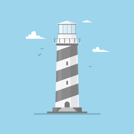 Flat illustration of lighthouse building and blue sky, path lighting. Searchlight tower with seagull for marine navigation of ships. Sea pharos or beacon. Marine and ocean theme seaside background.のイラスト素材