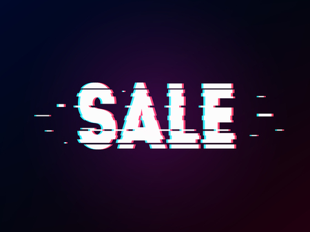 Glowing word sale with glitch effect on dark gradient. Background in TV error style. Marketing and advertisement theme. Distorted letters, typography, bug or error for design concepts, prints, cover.のイラスト素材