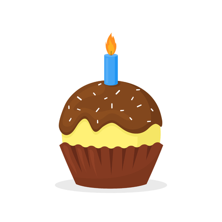 Muffin with chocolate froasting and candle. Sweet food, holiday or birth day cupcake flat vector icon. Delicious dessert for celebration. Bakery product isolated on white backgroundのイラスト素材
