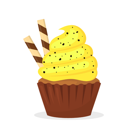 Chocolate muffin with yellow cream and thin wafer tubes. Sweet food, cupcake with frosting flat vector icon. Delicious holiday dessert. Bakery product isolated on white backgroundのイラスト素材