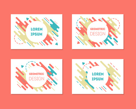Set of colorful trendy cards with flat dynamic design. Bright geometric shapes in motion, Memphis frame. Applicable for covers, posters, flyers and banner. Living coral color. Minimal vectorのイラスト素材
