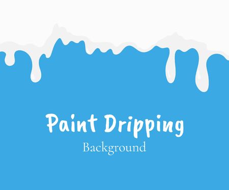 Paint dripping, white liquid or milk drips. Drip splash border, trickle leak vector illustration isolated on blue background. Design element for advertising, packaging of dairy products, salesのイラスト素材