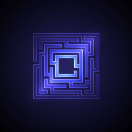 Abstract maze background with glowing light. Labyrinths in shape of square. Modern design of mystery pattern for business, decoration. Vector illustration on gradient background.のイラスト素材