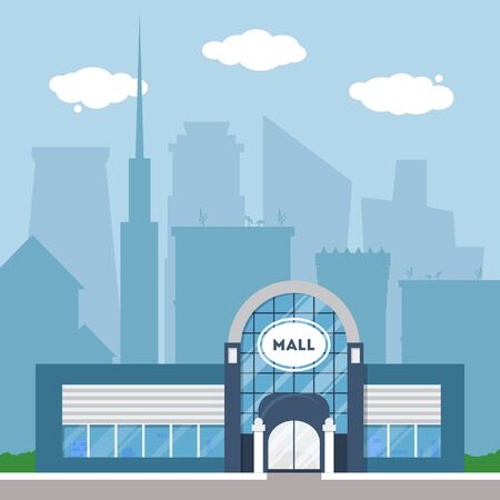 Flat supermarket. Shopping mall building with green trees and grass. City background for card, banner, real estate, poster or postcard. Market shop place. Business marketing. Vector illustration.のイラスト素材