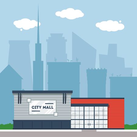 Flat supermarket. Shopping mall building with green trees and grass. City background for card, banner, real estate, poster or postcard. Market shop place. Business marketing. Vector illustration.のイラスト素材