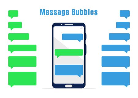 Blue and green messaging bubbles collection. Empty mobile chat design elements and white mobile phoneのイラスト素材