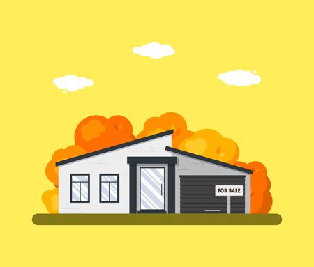 Flat autumn landscape with wooden house exteriorのイラスト素材