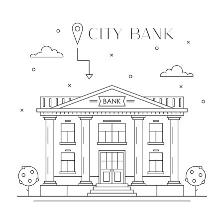 Bank building facade flat line design, front view. City architecture infografic. Public financial service. Finance and economics industry concept. Vector illustration isolated on white.のイラスト素材