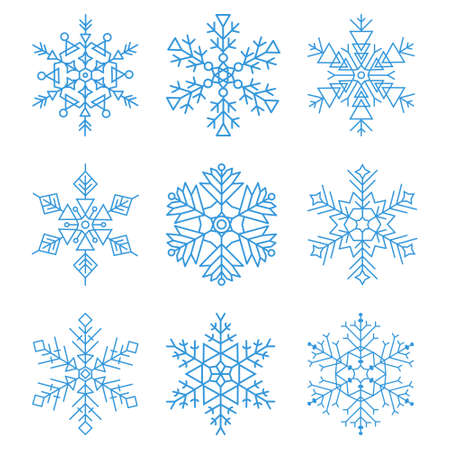 Various winter snowflakes icon set. Seasonal flat snow symbol collection for Christmas or New Year design. Beautiful winter card decoration, invitation, greeting. Vector illustration.のイラスト素材