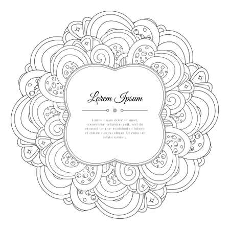Black and white hand drawn floral doodle frame. Flowers, leaves and paisley. Abstract background.のイラスト素材