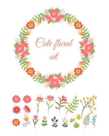 Set of cute doodle flowers and wreatのイラスト素材