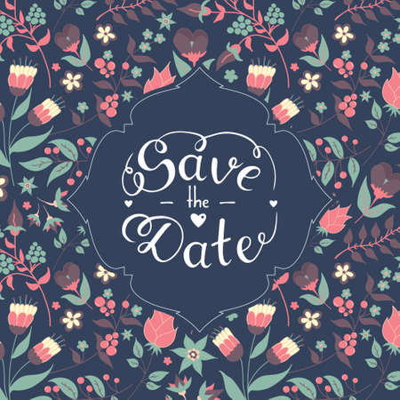 Save the date hand lettering with beautiful floral pattern background vectorのイラスト素材