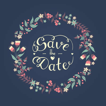 Save the date hand lettering phrase with beautiful romantic floral wreath vectorのイラスト素材