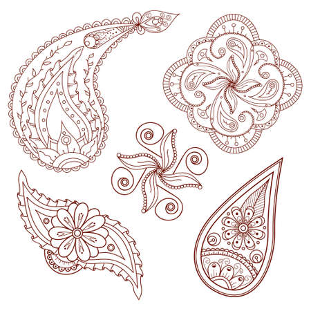 Set of abstract hand drawn flowers and paisley elements, ornament and doodle vectorのイラスト素材