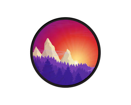 Flat nature forest landscape badge. Background with sunset, sunrise and mountains.のイラスト素材