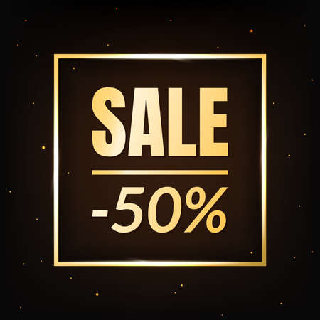 Sale discount 50 percent off banner template on dark background. Text in golden square frame. Poster with selling sign. Marketing promo sale offer concept. Black Friday. Vector illustration.のイラスト素材
