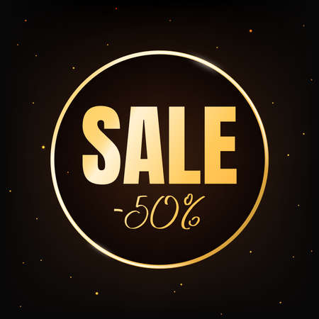 Sale discount -50 percent banner template on dark background. Text in golden round frame. Poster with selling sign. Marketing promo sale offer concept. Black Friday. Vector illustration.のイラスト素材