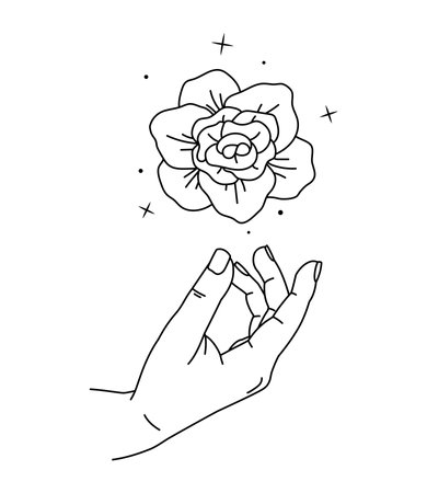 Vector illustration of peony flower over woman hand. Line art. Magic feminine design. Human arm with mystic plantのイラスト素材