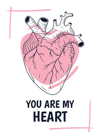 Vector illustration of Valentines day greeting card with line art anatomical human heart. Hand drawn anatomy real heartのイラスト素材