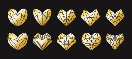 Collection of geometric golden heart shape. Vector set simple gold icon, valentines day or wedding decor elementのイラスト素材