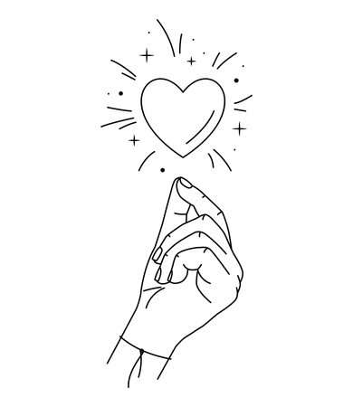 Vector illustration of hand and love magic. Line art. Linear mystical hand with heart and stardust. Love boho symbolのイラスト素材