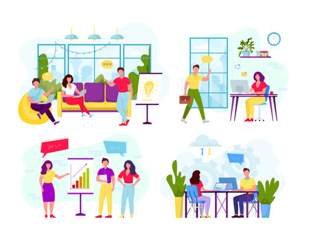 Collection of scenes with group of office workers or people working on computer, having business meetingのイラスト素材