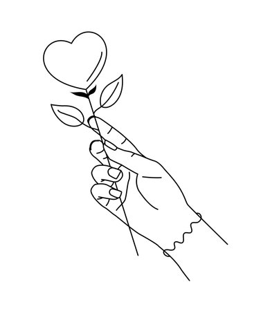 Vector illustration of fantasy love flower in woman hand. Hand drawn line art style. Magic feminine design. Human arm with mystic plant. Cute element for Valentines day, wedding, save the day cardのイラスト素材