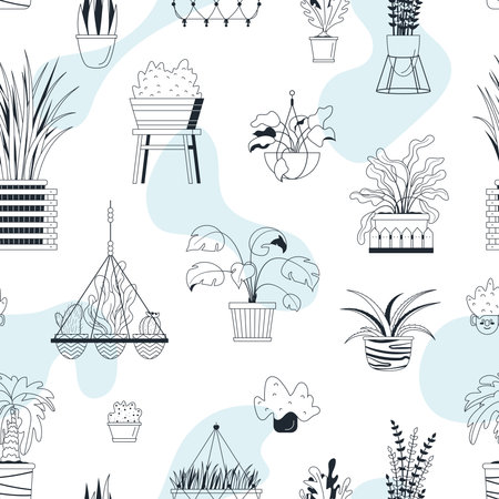 Vector seamless pattern with house potted plants. Linear fabric design, wrapping paper, textile, texture. Blue abstract spots. Line art design home plants. Palm tree, hanging flower, aloe, monsteraのイラスト素材