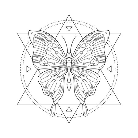 Vector illustration of mystic butterfly. Sacred geometry print. Butterfly in triangles and circes. Tattoo Design. Geometric mystical symbol of soul, immortality. Spiritual ine artのイラスト素材