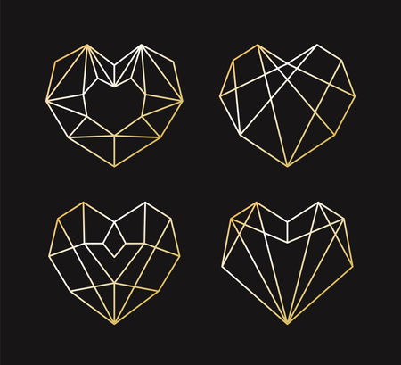 Collection of geometric golden heart shape. Vector illustration set of poligonal line gold heart logo design. Love symbol. Linear icon. Valentine's day or wedding invitation, Valentines day elementのイラスト素材