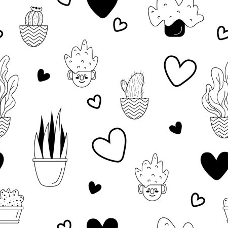Vector seamless pattern with home garden cactus and potter plants. Line art. Linear succulents and cacti house plants. Black and white fabric design, wrapping paper, texture.のイラスト素材