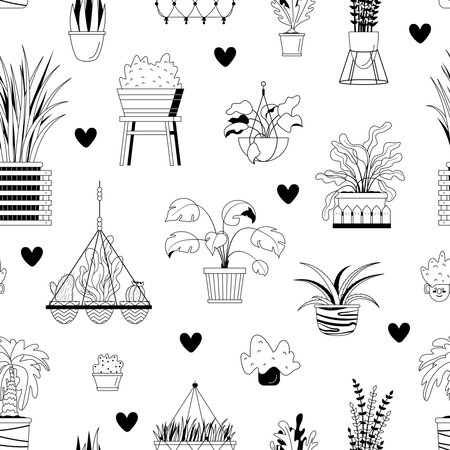 Vector seamless pattern with house potted plants and hearts. Black and white fabric design, wrapping paper, textile, texture. Line art design of home plants. Palm tree, hanging flower, aloe, monsteraのイラスト素材