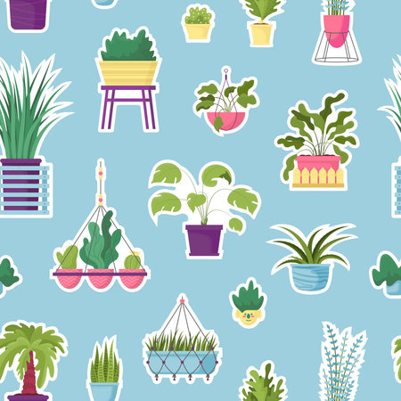 Vector seamless pattern with colorful textured house potted plants. Botanical natural fabric design, wrapping paper, textile, texture. Palm tree, hanging flower, aloe, monstera. Urban jungle gardenの写真素材