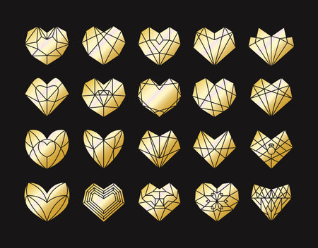 Collection of geometric golden heart shape. Vector illustration icons set of poligonal gold heart logo design. Love symbol. Valentine's day or wedding invitation element isolated on dark backgroundのイラスト素材