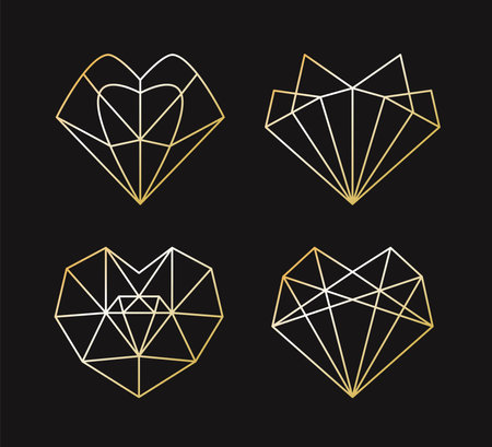 Collection of geometric golden heart shape. Vector illustration set of polygonal line gold heart   design. Love symbol. Linear icon. Valentine's day or wedding invitation, Valentines day elementのイラスト素材