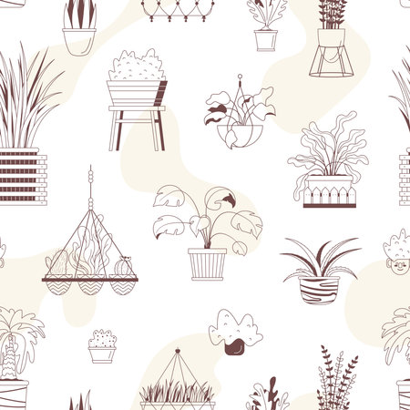 Vector seamless pattern with house potted plants. Linear fabric print, wrapping paper, textile, texture. Line art design of home plants. Palm tree, hanging flower, aloe, monstera. Urban gardenのイラスト素材