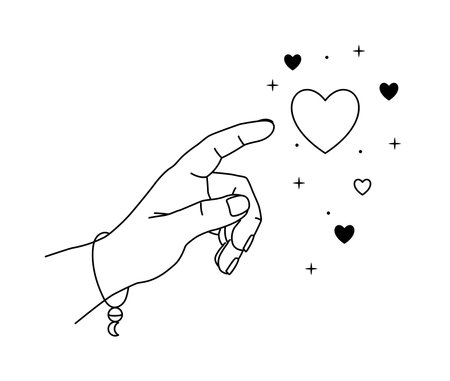 Vector illustration of hand reaches for the heart, love magic. Line art. Linear mystical hand with hearts and stardust. Love boho symbol. Charity concept. Feminine gesture. Woman arm with braceletのイラスト素材