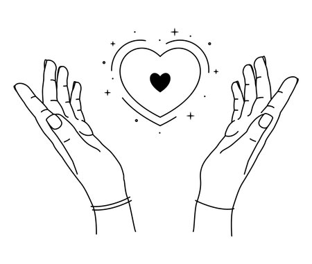 Vector illustration of human hands holding heart. Hand drawn line art. Holiday valentine's day greeting card. Volunteer or healthcare organization  design. Save the date. Warm heart in armsのイラスト素材