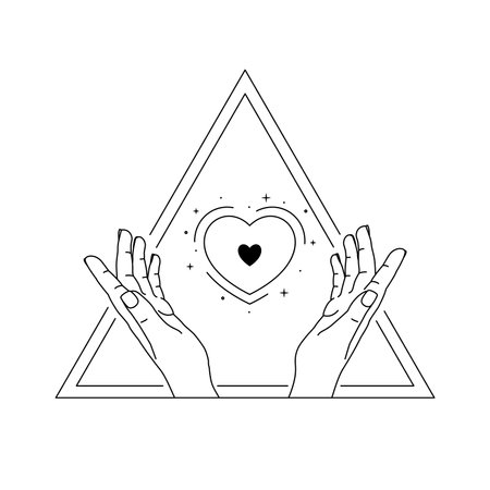 Vector illustration of human hands holding heart. Hand drawn line art. Holiday valentine's day greeting card.のイラスト素材